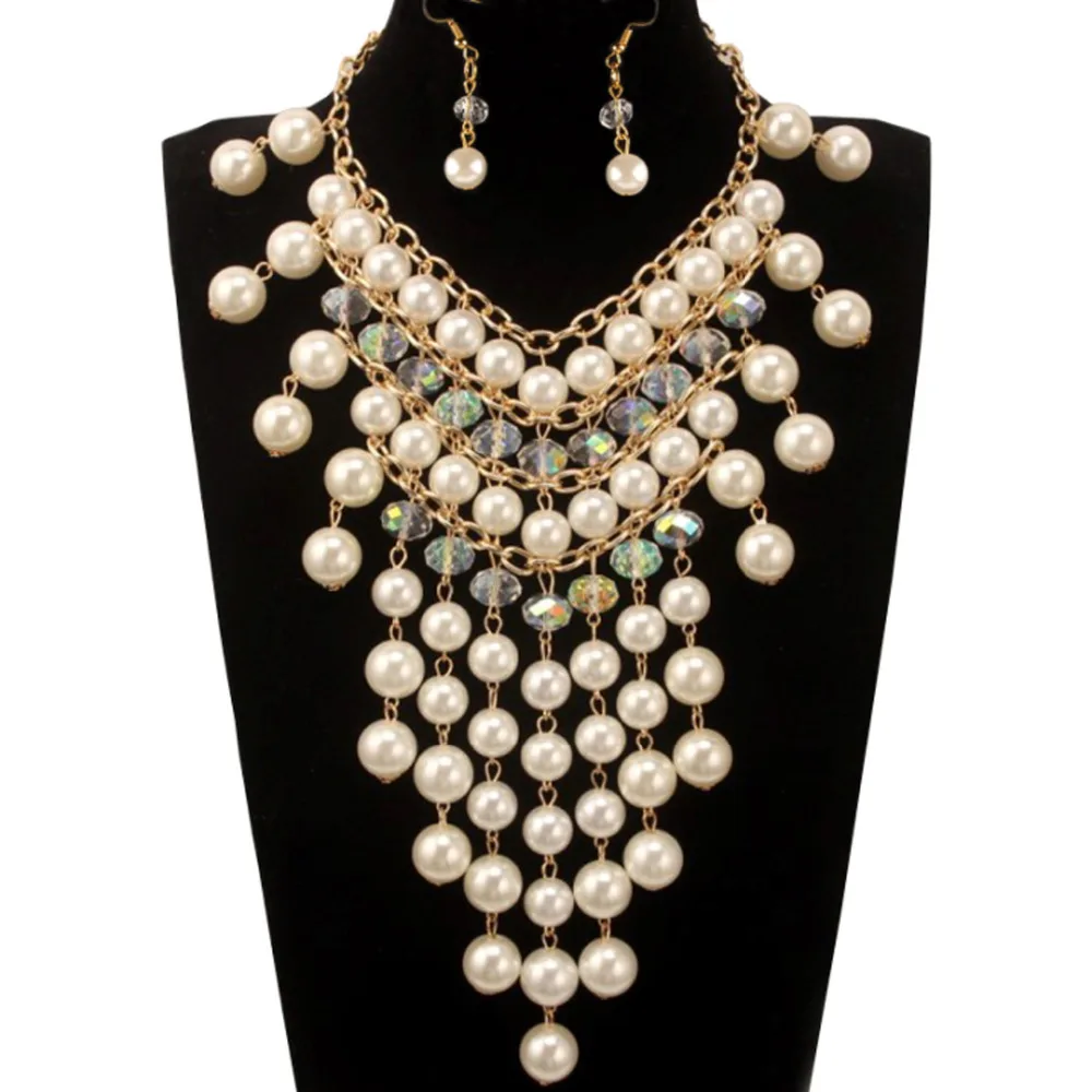 Fashion Crystal Imitation Pearls Necklace and Earring Tassel Multi