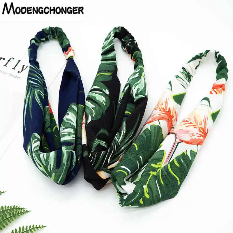

For Women Turban Banana Leaf Headband Flamingo Cross Knot Elastic Hair Bands Girls Fashion Summer Headwear Hair Accessories
