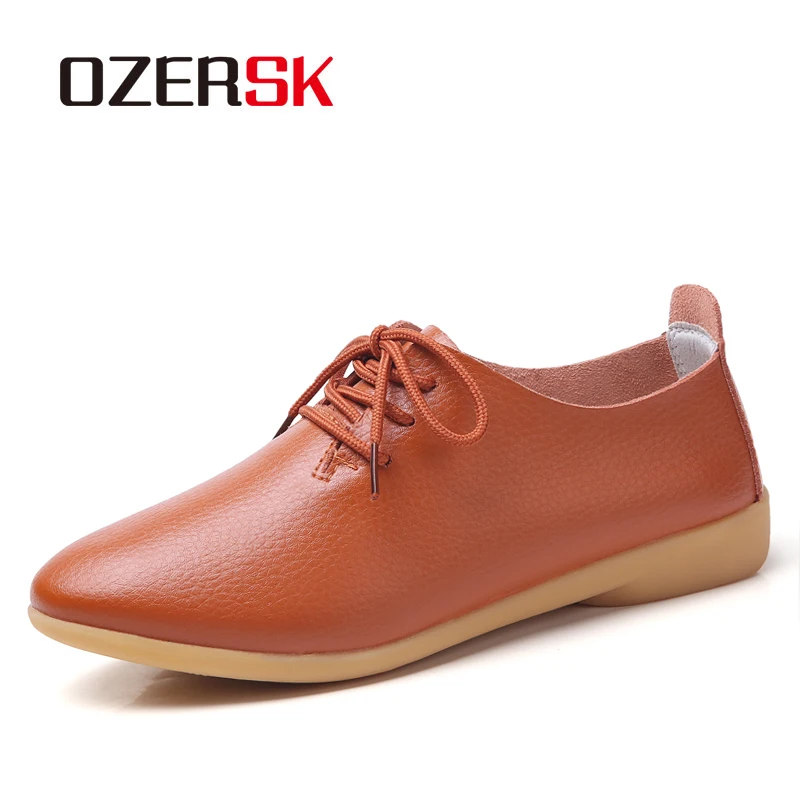 

OZERSK Woman's Shoes Casual Genuine Leather Woman Flats Lace Up Female Loafers Lady Boat Shoes Office shoes Business Sneakers