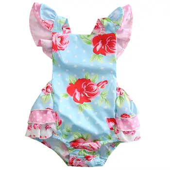 

Summer Infant Baby Girl Rose Flower Romper Ruffle Bow Romper +Headband Outfit White Dot Clothes 0-6M
