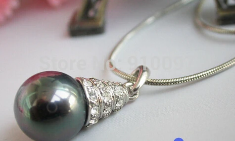 

free shipping > 12MM peacock black round south sea shell pearl chain necklace pendant