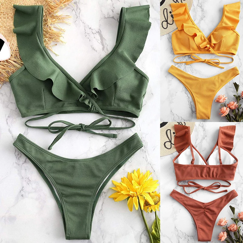 Conjunto de Bikini Push up para mujer Halter con volantes Biquini traje de baño cintura baja Sexy traje de baño para mujer playa ropa de playa vendaje Bikini conjunto Conjunto de Bikini Push up para mujer Halter con volantes Biquini traje de baño cintura baja Sexy traje de baño para mujer playa ropa de playa vendaje Bikini conjunto