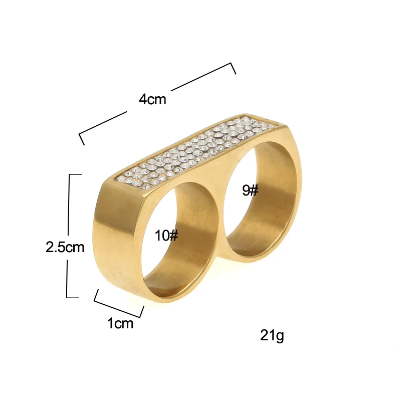 Uwin новые крутые кольца на два пальца хип-хоп полностью Iced Out стразы из нержавеющей стали золотого и серебряного цвета мужское кольцо для вечеринки в стиле панк размер 9/10
