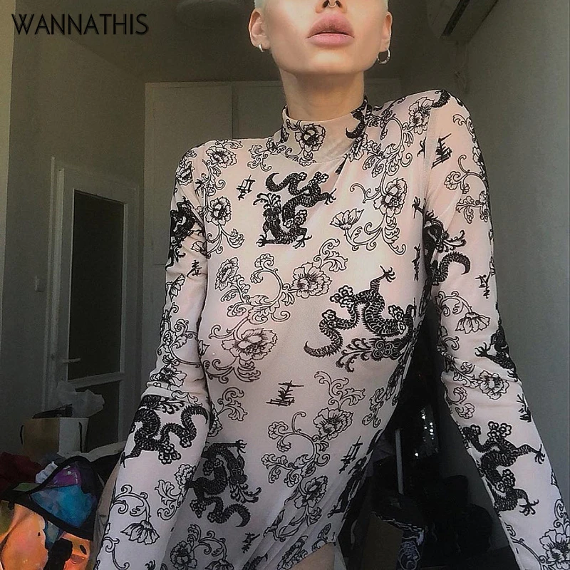 

WannaThis hot sale mesh pattern bodysuit women long sleeve transparent sexy bodycon high neck slim skinny autumn voile party