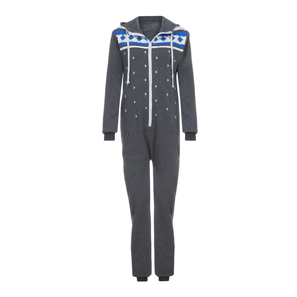 

Ladies Snow Printed Hooded Zipper Warm Sleepwear Home Suit Hooded Pockets Indoor Clothing Dark Gray S-XL