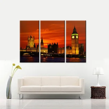 

3Panel London City Night Landscape Canvas Print Oil Painting River Thames Modular Wall Pictures UK Arts For Living Room No Frame