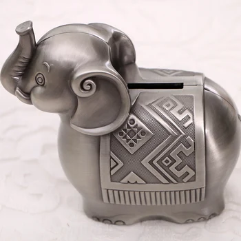 

Antique Silver Finish Elephant Shaped Metal Bank Box