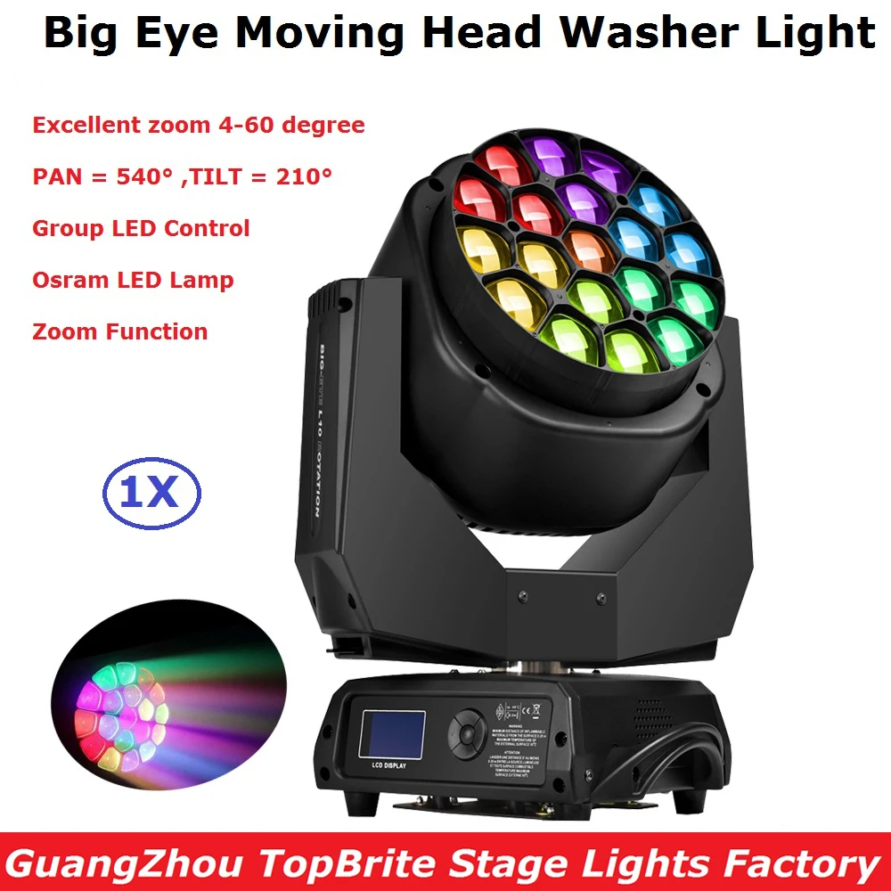 

1Pcs/Lot Discount Price 19X15W RGBW Quad Color Osram Lamp LED Big Bee Eye Moving Head Washer Lights 110-240V With Zoom Function