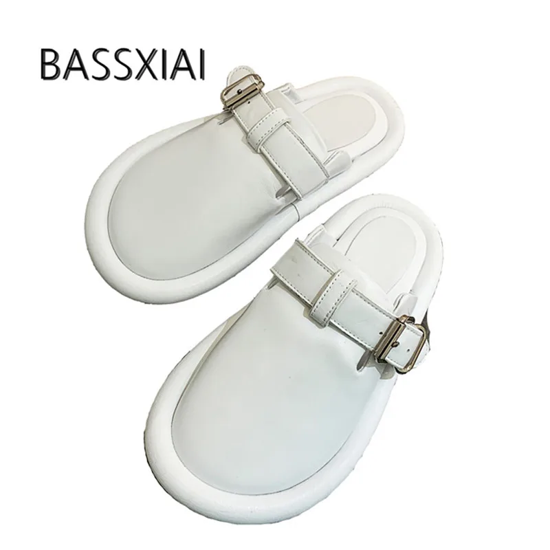 

2019 Soft White Sheepskin Slippers Woman Round Toe Buckle Belt Flat Shoes Women Comfortable Casual Shoes For Summer