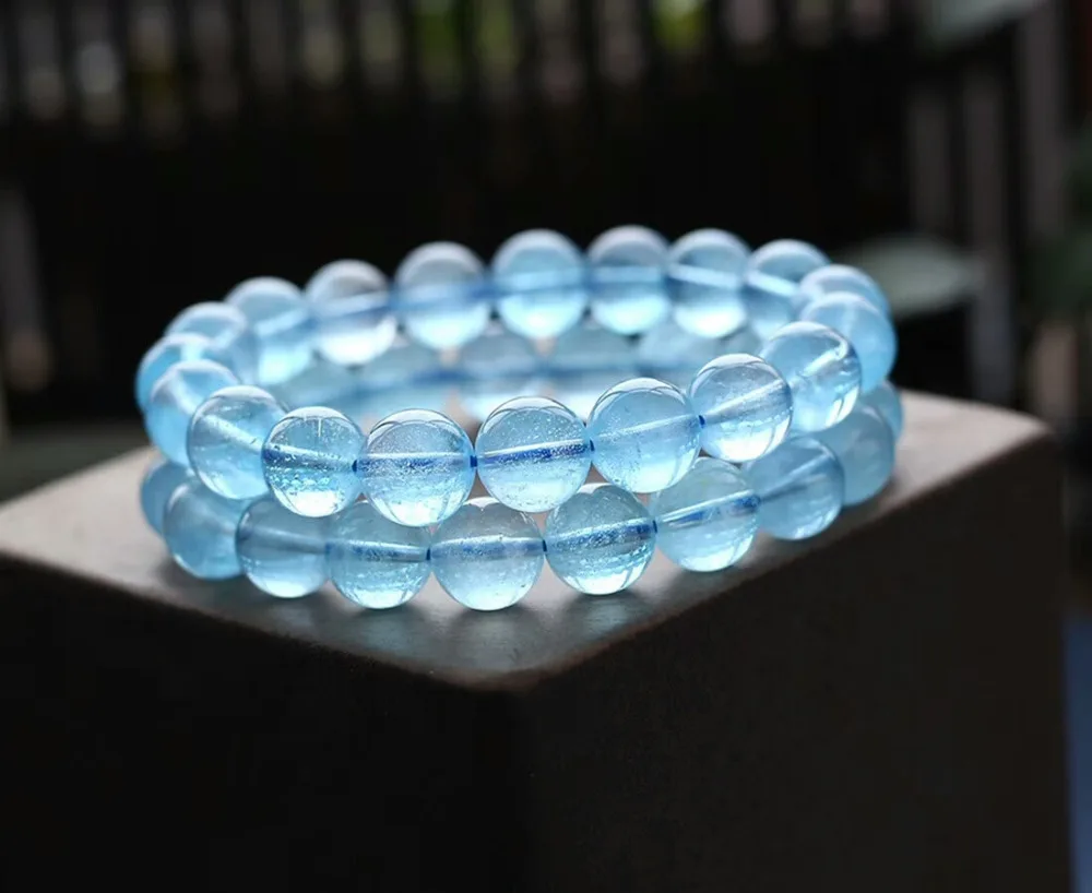100% Natural Blue Topaz Crystal 10mm Round Beads Bracelet Women Man Stretch Round Big Beads Bangle Fashion AAAAAA Healing Stone (6)