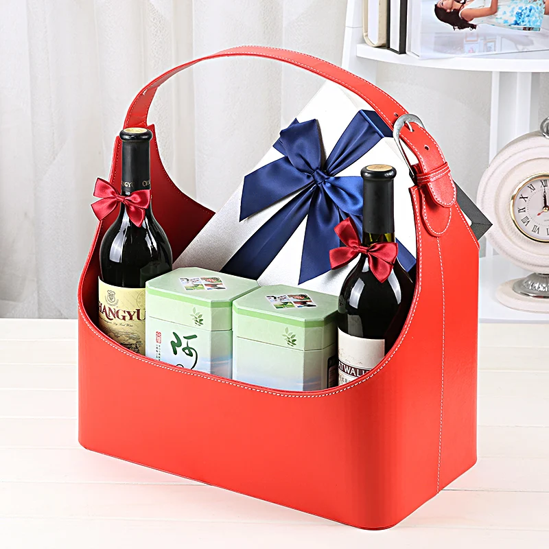 Кожаная Подарочная ручная Корзина Коробка для хранения вина/мелочей/подарков праздничная подарочная корзина упаковочная коробка домашнее украшение