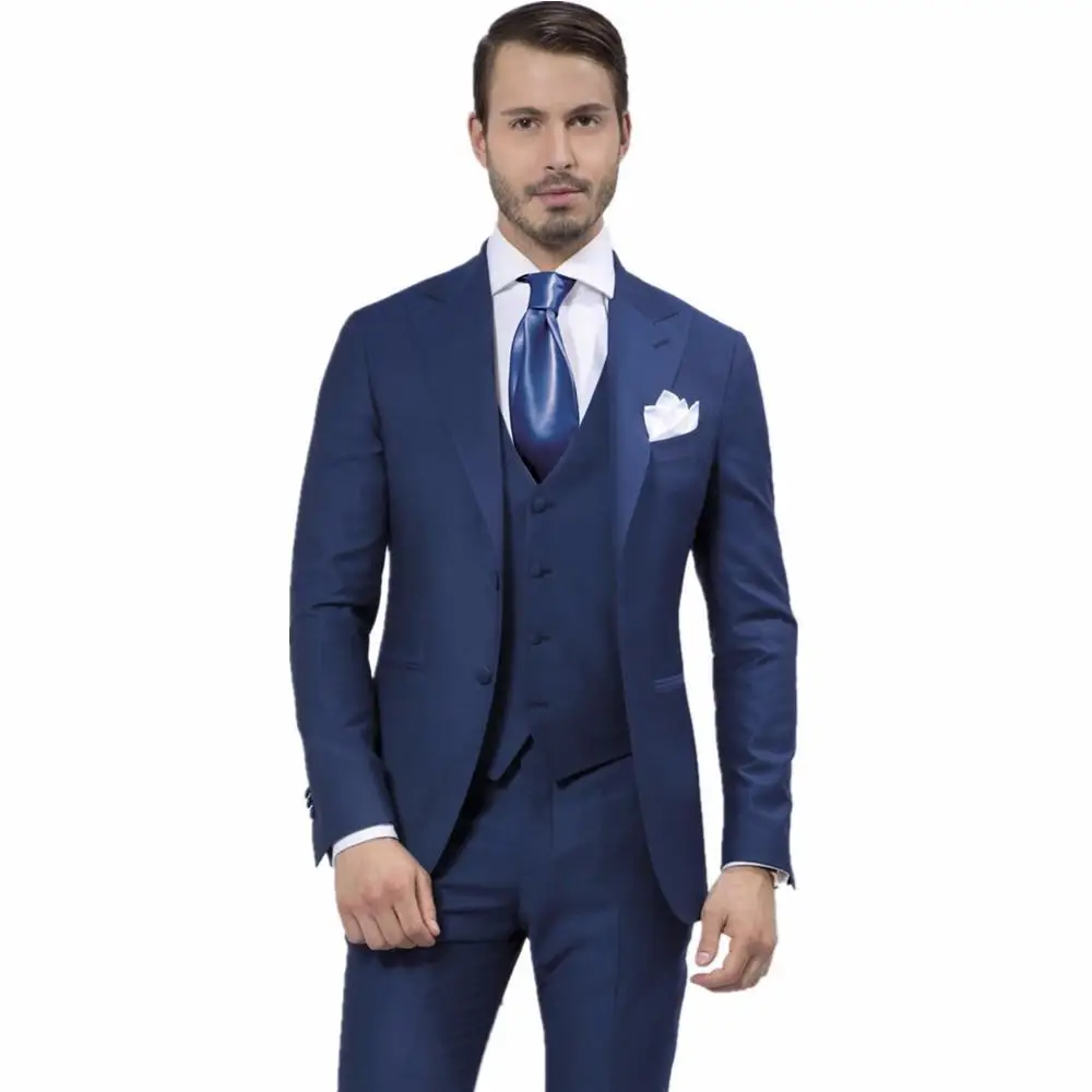 3Pieces Mens Suits Fashion Design Navy Blue Wedding Groom Tuxedos Slim Best man Party Dress Morning Style(Jacket+Pants+Vest+Tie)