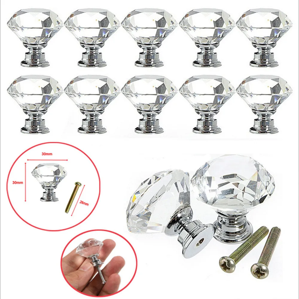10pcs/set 30MM Clear Crystal Glass Door Knobs Diamond Drawer