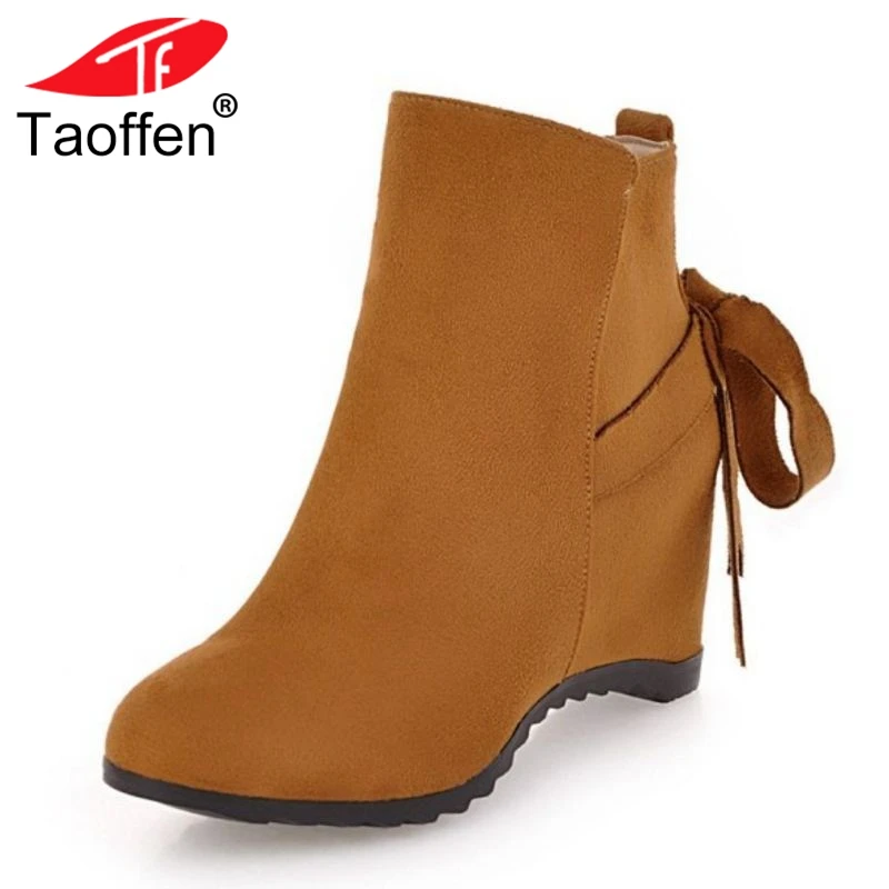 

TAOFFEN New Arrival Round Toe Autumn Winter Boots Women Zipper Flock Ankle Boots Elegant Solid Color Wedges Shoes Woman