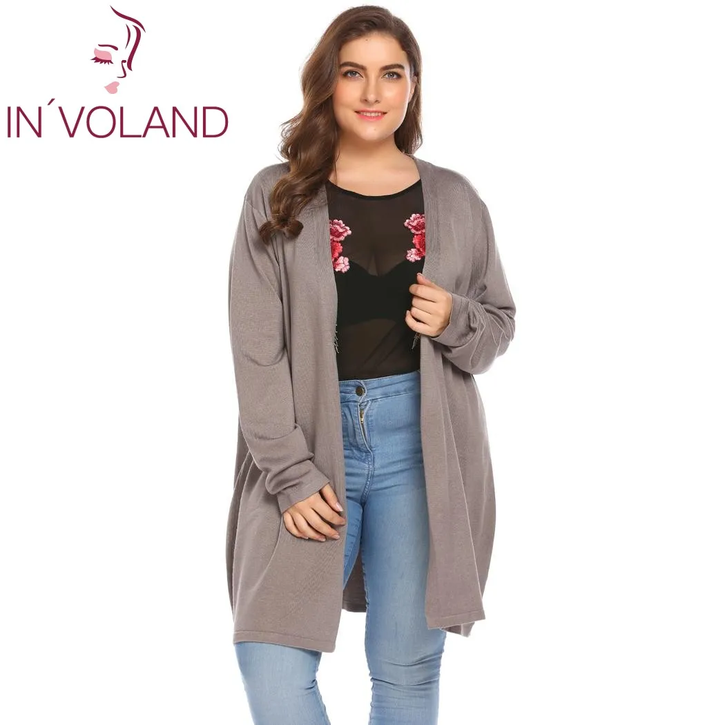 

IN'VOLAND Big Size 5XL Women's Cardigan Jacket Autumn Open Front Solid Thin Knit Large Long Sweater Outwear Coat Tops Plus Size