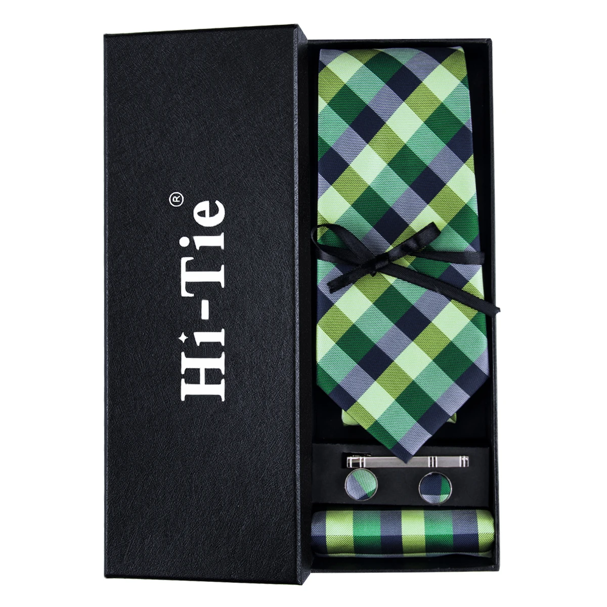 Hi-Tie Brand Fashion Mens Ties 100% Silk Jacquard Woven Silk Ties for Men Green Plaid Necktie Cufflinks Set Gift Box Tie HT-406