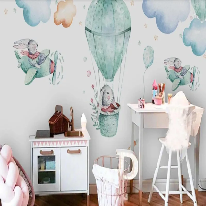 

Nordic modern minimalist hand drawn airplane rabbit children's room background wall