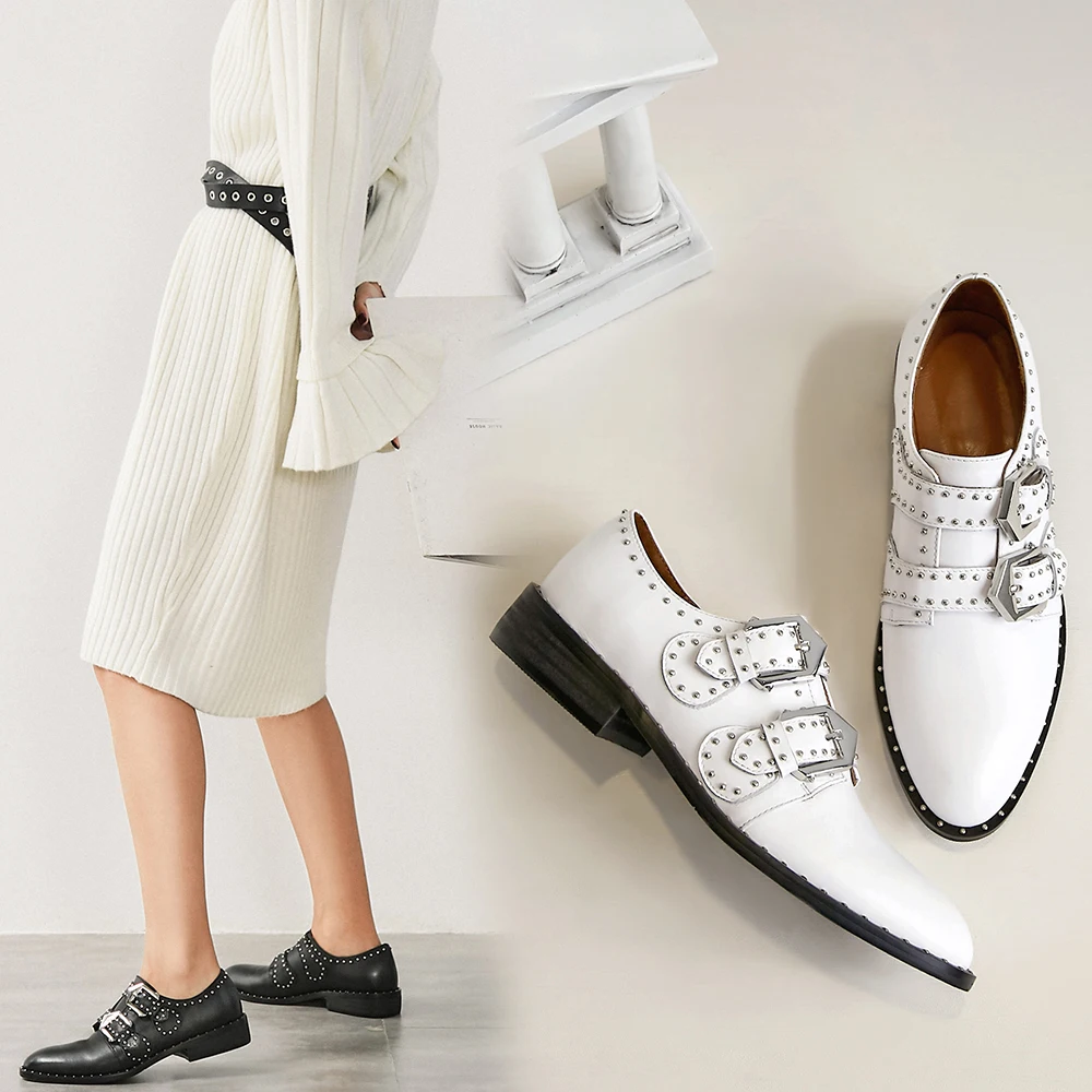 

LAPOLAKA Hot Sale Plus Size 43 Brand New Genuine Cow Leather Sheepskin Pigskin Shoes Woman Rivet Chunky Heel Oxford Women Shoes
