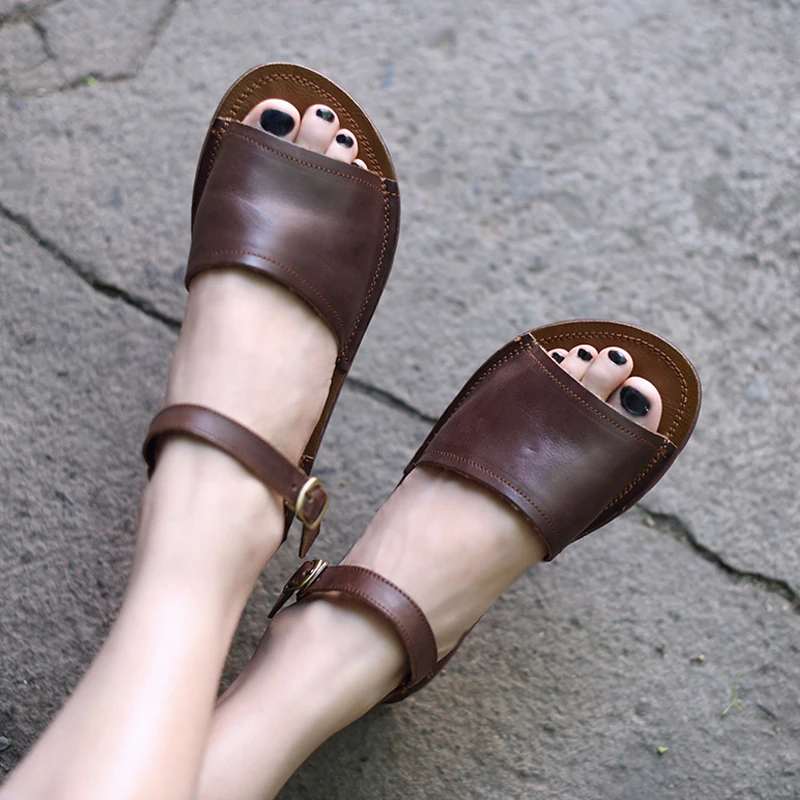 Artmu/удобные простые женские сандалии из воловьей кожи на плоской подошве; сандалии для отдыха на мягкой подошве; Новая Кожаная обувь ручной работы с пряжкой; 8312 - Цвет: Brown