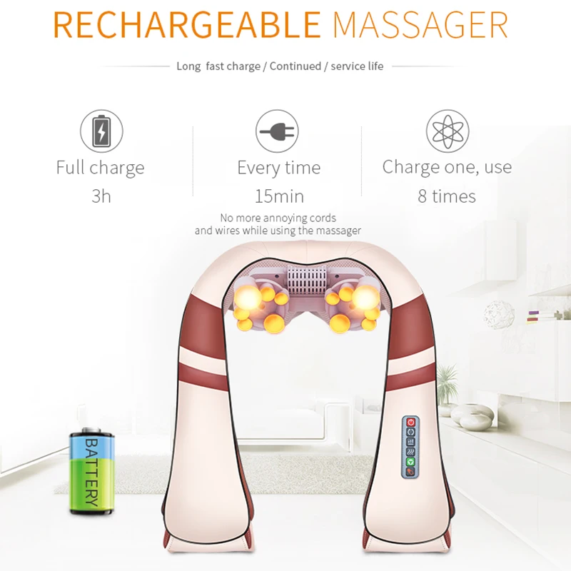  JinKaiRui Cordless Rechargeable Neck Back Shiatsu Massager 3D Deep Kneading Portable Full Body Mass