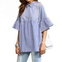 2017 Women Casual Loose Blouses Shirt Peter Pan Collar Stripe Shirt Frill Cuff Female Summer Flare Sleeve Tops Blousa AQ824321