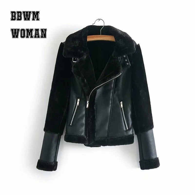 

Black Fur Sleeve Women PU Jacket with Fur Lining Lapel 2018 Fashion Warm Winter Coat ZO1405
