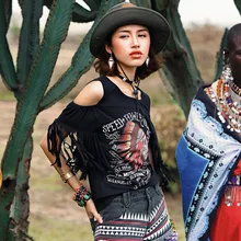 Летние Для женщин VPunk Стиль Индии Тотем печати o-образным вырезом кисточкой Повседневное тонкий эластичный трикотаж хлопок Черная футболка