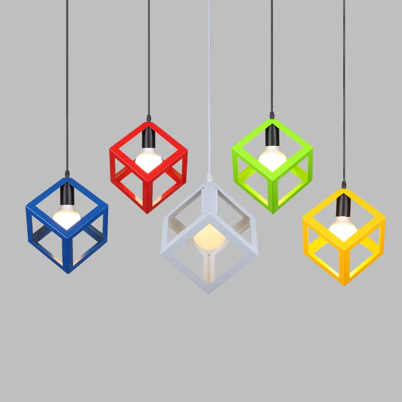 Industrial Wrought Iron Pendant Lamp Cube Triangle Drum Drop Lighting Retro Loft Pendant Light Indoor Lights Restaurant Dining Room Bar Home Light (26)