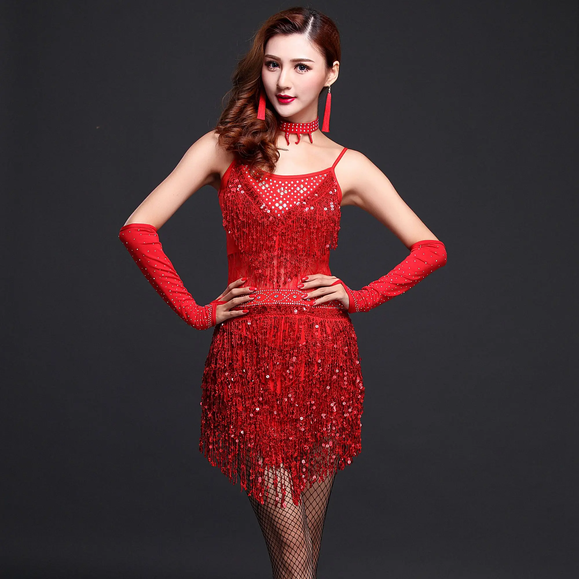 Women Latin Dancing Dress Tassel Sequin Ballroom Salsa Tango Dance