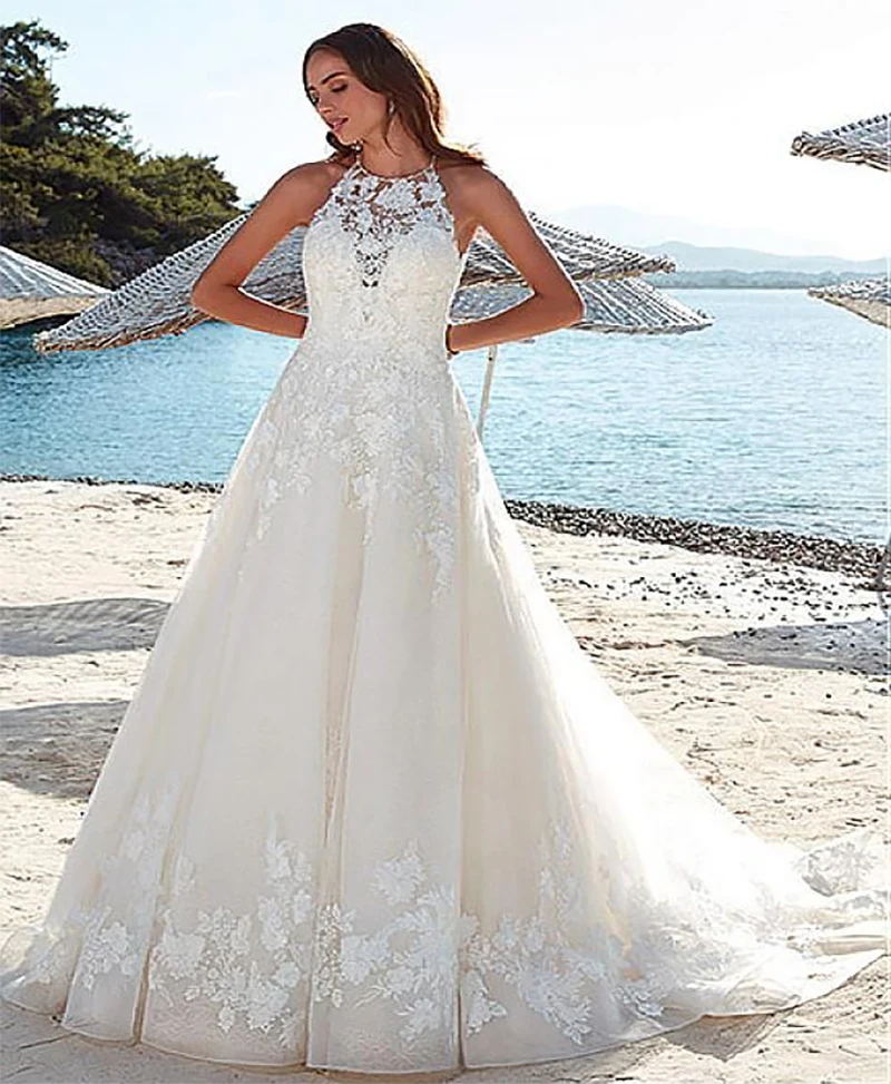 

SoDigne Beach Wedding Dress Lace Applique Sleeveless Illusion Beach Wedding dress Bridal Gowns vestidos de novia Pluse size
