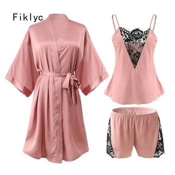 

Fiklyc underwear sexy women's three-pieces bathrobe + pajamas sets luxury elegant lace faux silk female sleepwear lingerie sets