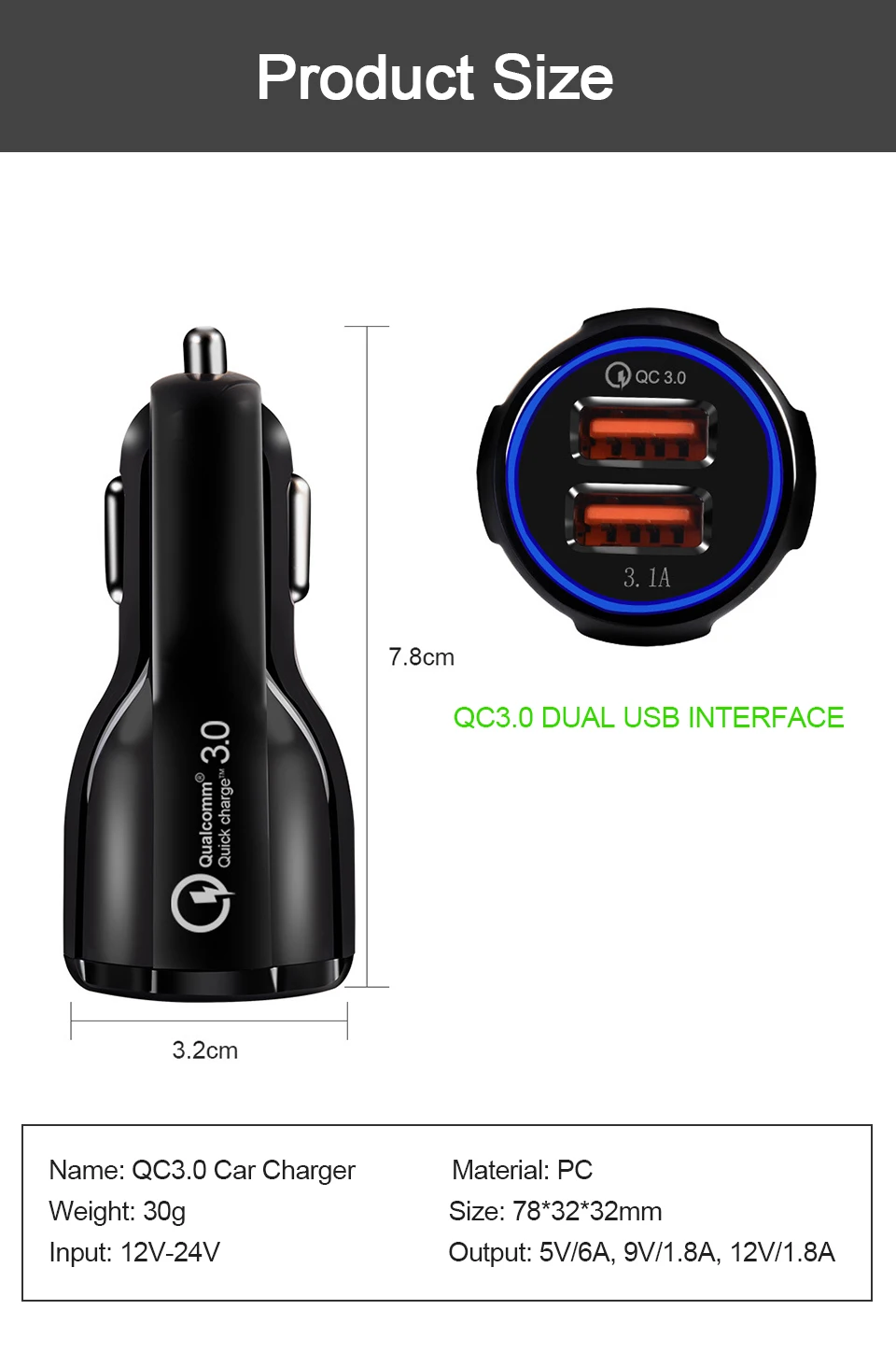 Quick QC3.0 Car Charger Quick Charge Dual USB Fast Charging Cable For Mobile Phone Fast Charging Car-charger Charge Adapter (8)