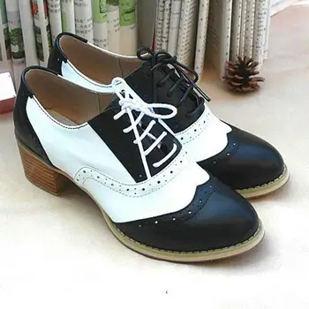 

Genuine Leather Brockden Black White High Heels Oxford Vintage Handmade Thick Heel Leather Shoe Big Size Zapatos Mujer Moccasins