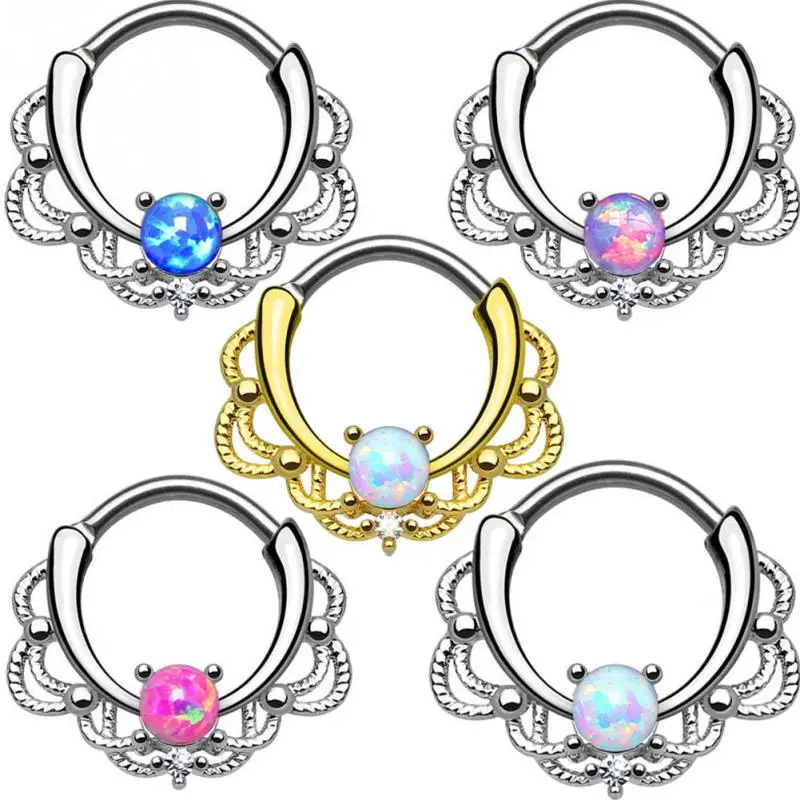 

1pc Single Opal Stone Hinged Septum Clickers Titanium Shaft 10G Pierced Round Nose Rings Piercing Daith Rook Body Jewelry