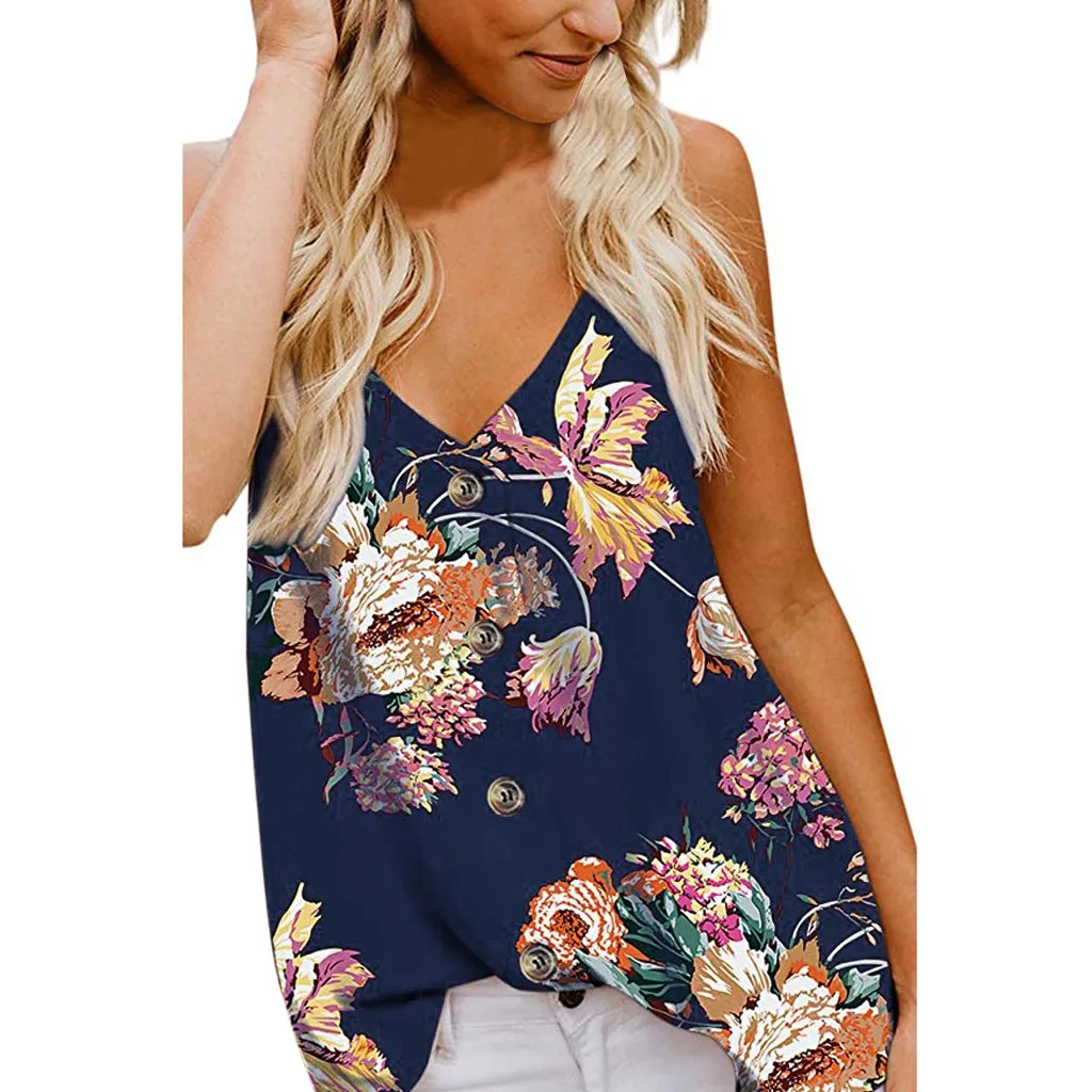 

womens tops and blouses Women's Button Deep V Neck Floral Print Loose Casual Sleeveless Shirts рубашка женская #30-35