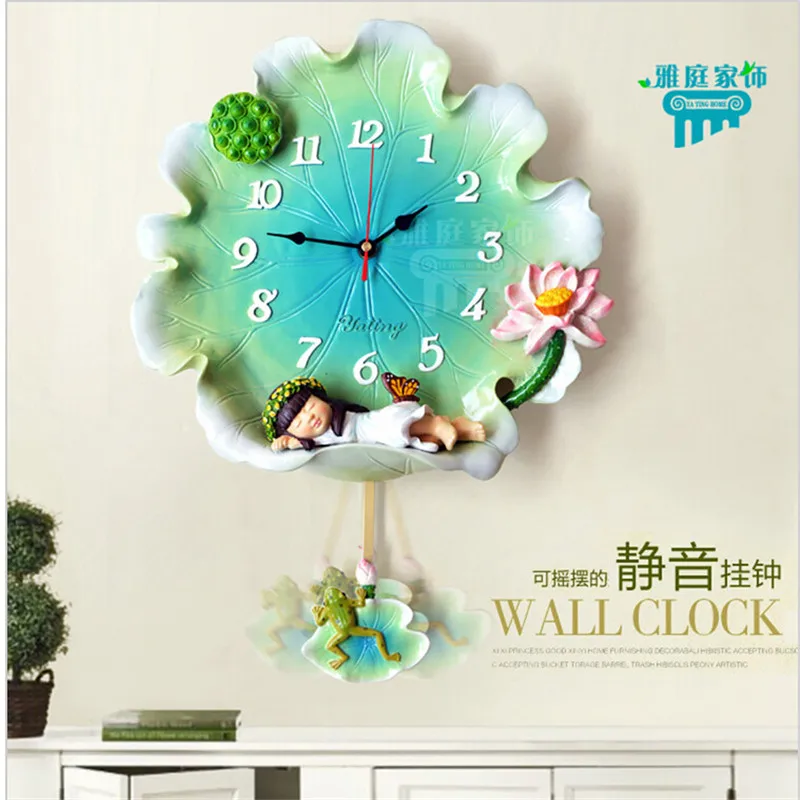 

Beautiful Lotus Green Wall Clock Art Living Bedroom Creative Wall Clock Pastoral Decorative Mute Zegar Clock Wall Modern 50w278