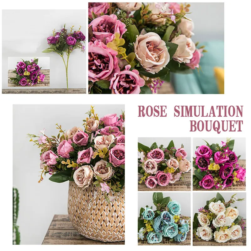 

Silk Flowers Silk Cloth European Simulation Rose Artificial Rose Bridal Bouquet Balcony Plant Basket Decor Beautiful Fake Rose