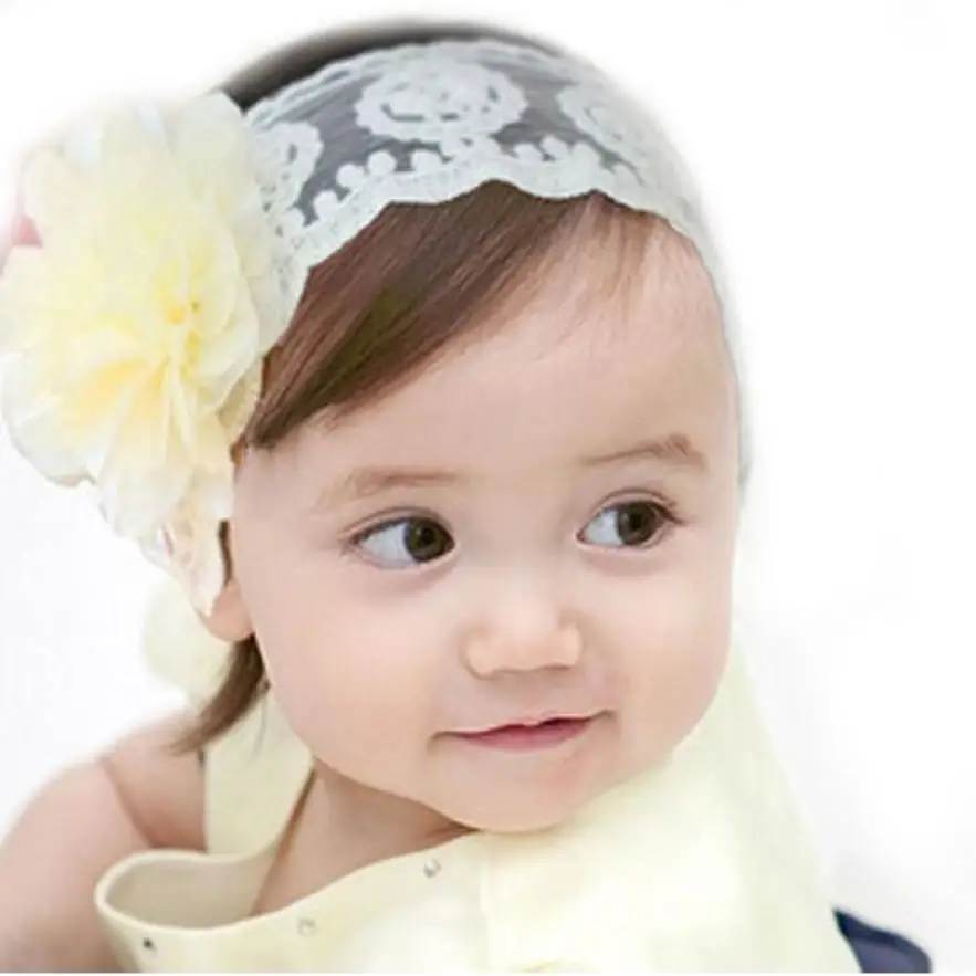 Дешевая эластичная Кружевная повязка для головы с цветком Laco De Cabelo Infantil
