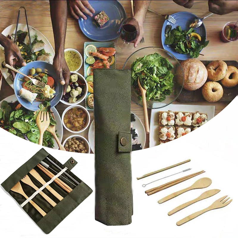 Деревянный набор столовых приборов бамбуковая соломка набор посуды с тканевой сумкой ножи вилка ложка палочки для еды путешествия кухонная посуда