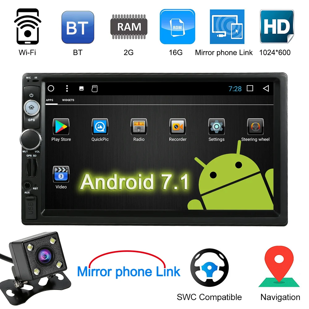 

Universal 7inch Smart Android 7.1 2 Din BT Car Stereo Radio Player GPS Navigator with WiFi AM/FM/RDS Free Map Rearview Camera