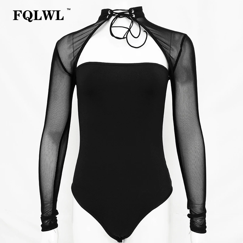 FQLWL прозрачный сексуальный сетчатый боди для женщин топы бинты бодикон Летний комбинезон-Песочник цельный длинный рукав черный боди
