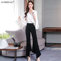 Wreeima 2019 новый летний элегантный шифоновое повседневное свободное блузка брюки комплект Женский комплект 2 шт. белая рубашка и черные