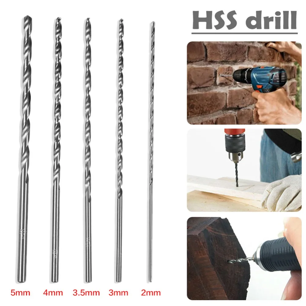 

5Pcs Mayitr HSS Auger Twist Drill Bit Set 2/3/3.5/4/5 mm Diameter 150mm Extra Long Straight Shank Drill Bits for Electric Drills