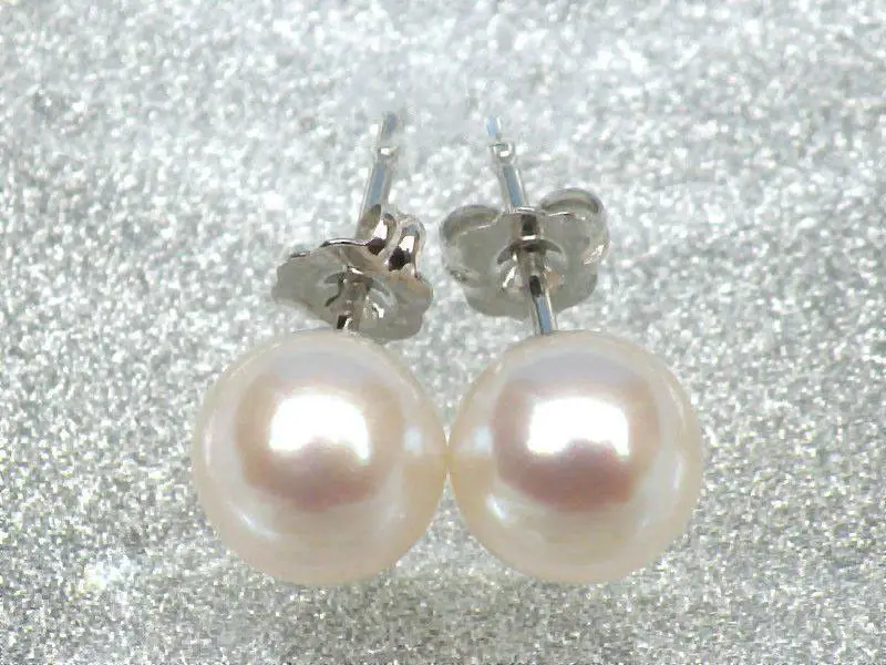 

TOP AAA+++ 7.3mm perfect round white akoya pearls earring 14k solid white gold