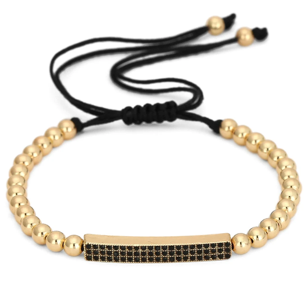 

Copper Beads Charm Bracelet for Men Women Braided Rope CZ Micro Paved Tube Luxury Bracelets Jewelry Hip Hop Gold Wristband ME003