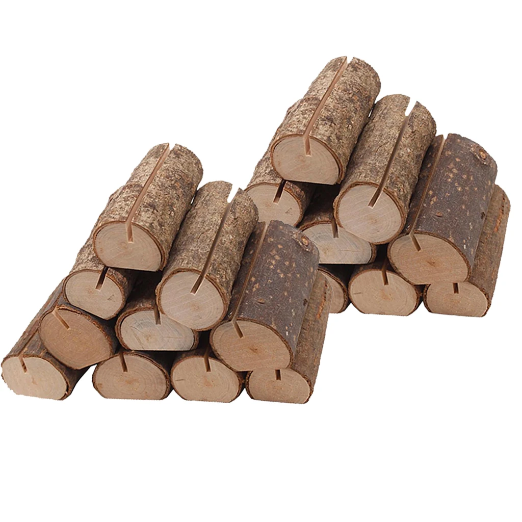 20pcs Wooden Stump Shape Wedding Party Name Card Table Number Card Holder Reception Place Card Stand for Party Wedding