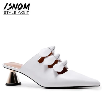 

ISNOM Unusual Heel Slippers Woman Pointed Toe Butterfly Knot Footwear Leather Slides Shoes Female Party Mules Shoes Women Summer
