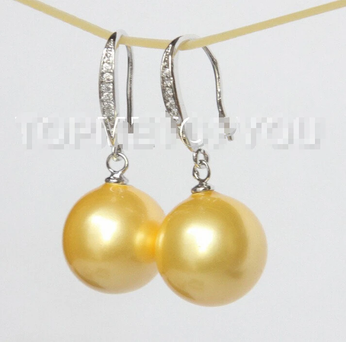 

Hot sell Noble- Free shipping Dangle 14mm round golden south sea shell pearl Earrings 925 silver 152