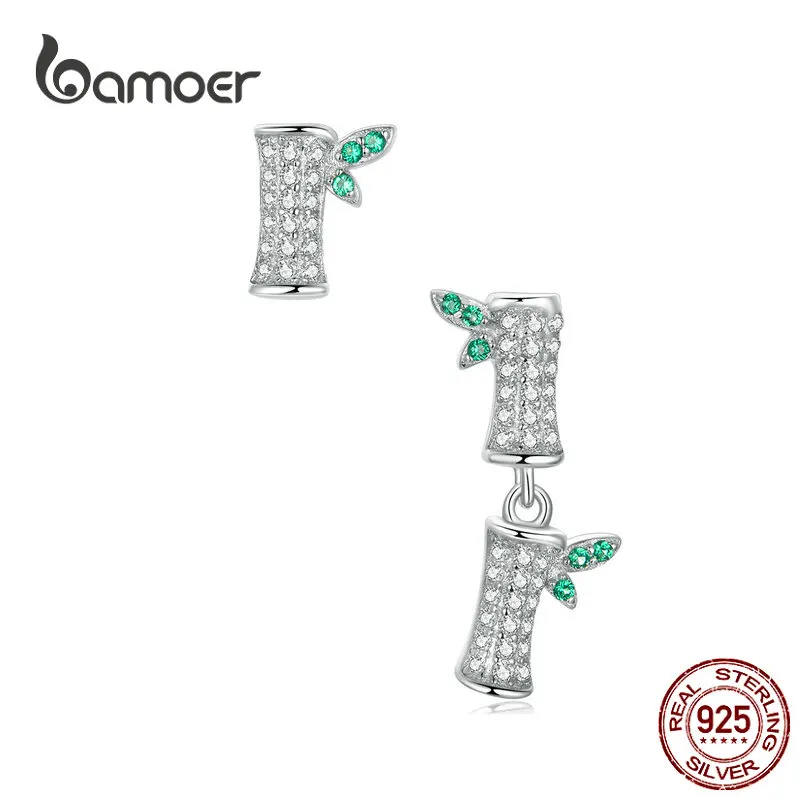 Bamoer, Свежие Бамбуковые асимметричные серьги-гвоздики для женщин, прозрачные CZ серьги-гвоздики, ювелирные изделия в Корейском стиле, свадебные массивные серьги BSE188