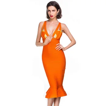 

2018 Newest Style Orange Spaghetti Strap Badnage Dress Sexy Deep V Nec kBodycon Ruffles Celebrity Party Dress Vestidos Wholesale